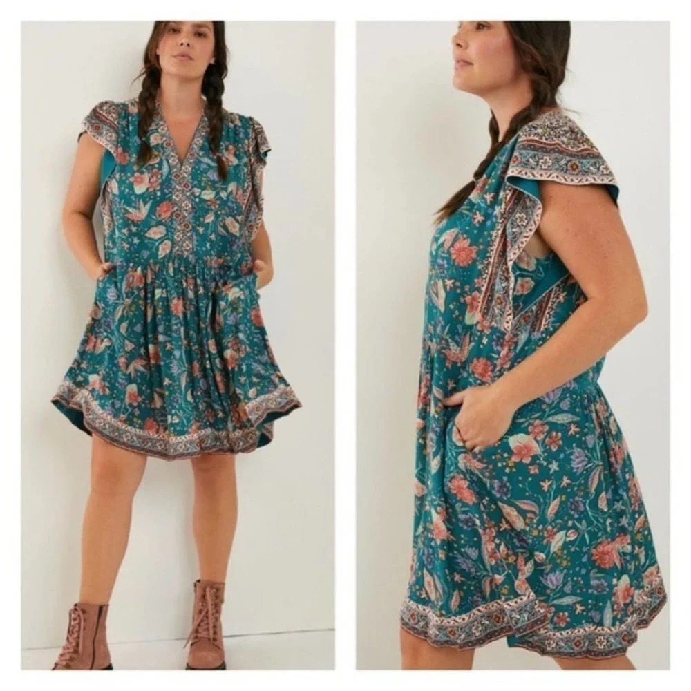 🦋 Anthropologie Floral Dress Flutter Sleeve XS Teal Coral